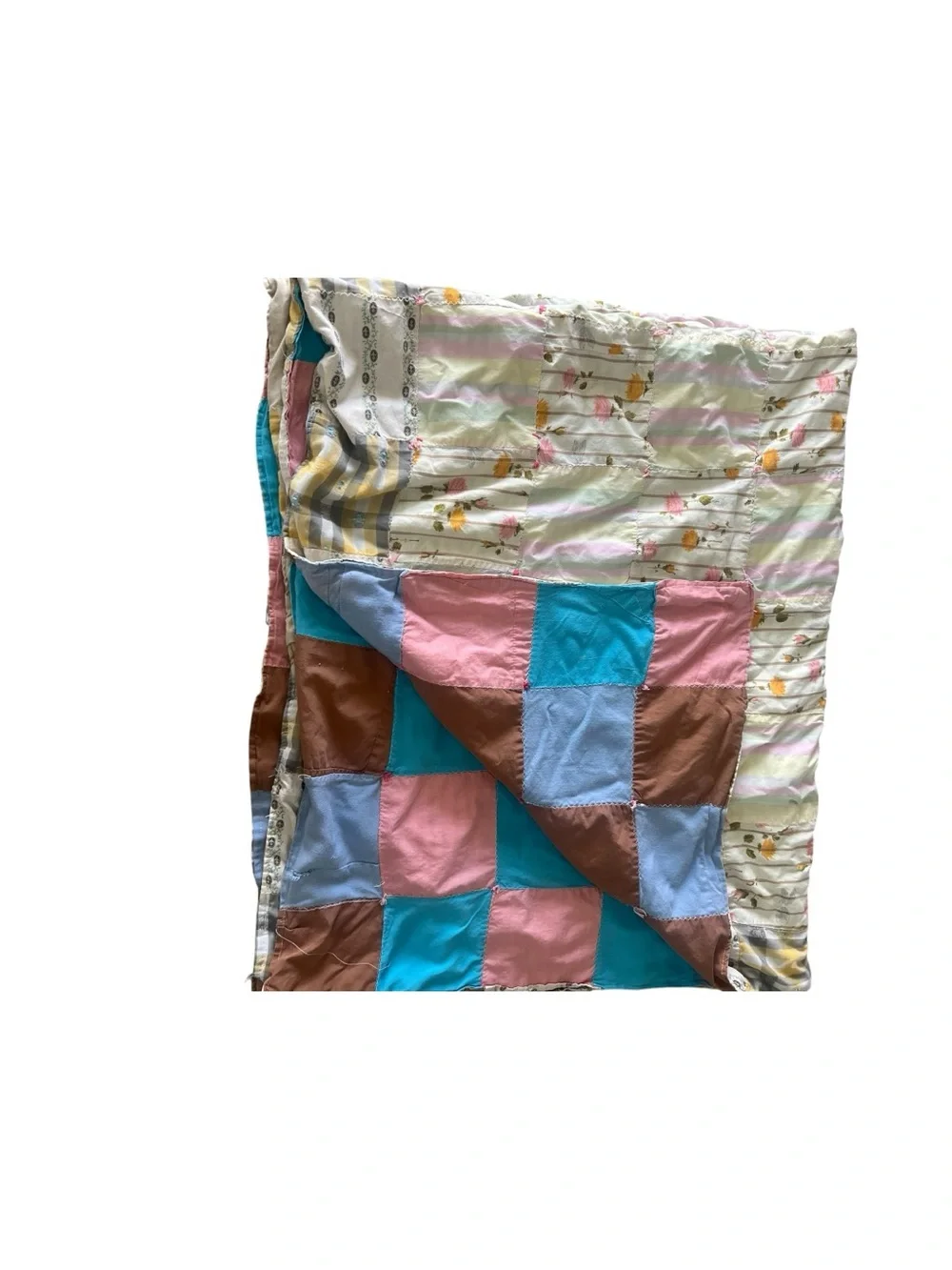 Vintage Handmade Charm Square Patchwork Quilt Throw Blanket Pink Blue 65x53